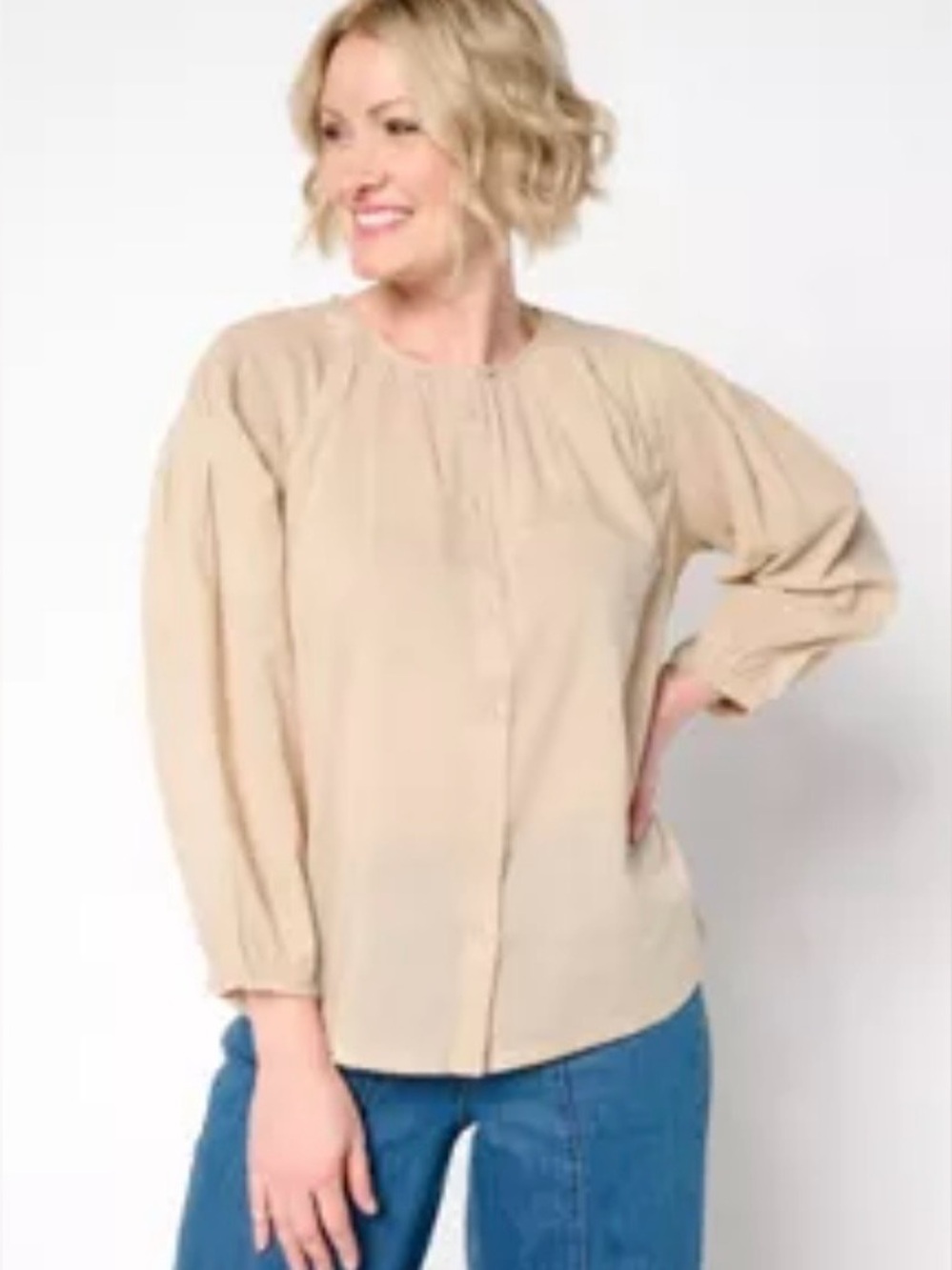LOGO by Lori Goldstein cotton button front shirrred blouse